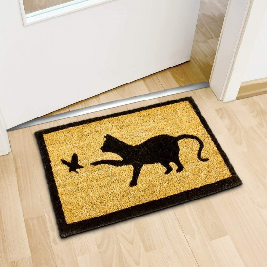 Relaxdays Χαλάκι Πόρτας από Ίνες Καρύδας Design Cat Catching Bird - 60 x 40 cm - Natural - 4052025032272