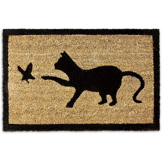 Relaxdays Χαλάκι Πόρτας από Ίνες Καρύδας Design Cat Catching Bird - 60 x 40 cm - Natural - 4052025032272