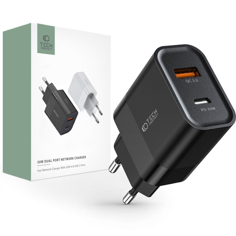 TECH-PROTECT C30W QC3.0 Οικιακός Φορτιστής Γρήγορης Φόρτισης με 2 Θύρες USB και Type C - Black