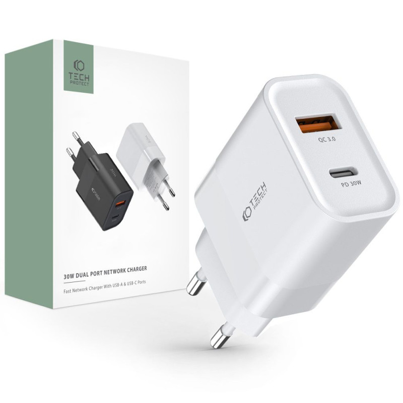 TECH-PROTECT C30W QC3.0 Οικιακός Φορτιστής Γρήγορης Φόρτισης με 2 Θύρες USB και Type C - White