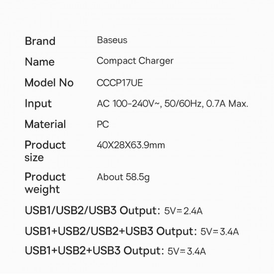 Baseus Compact 17W Οικιακός Φορτιστής Γρήγορης Φόρτισης με 3 Θύρες USB - White - CCXJ020102