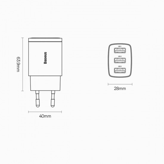 Baseus Compact 17W Οικιακός Φορτιστής Γρήγορης Φόρτισης με 3 Θύρες USB - White - CCXJ020102