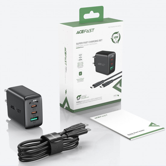 Acefast A13 65W Οικιακός Φορτιστής Γρήγορης Φόρτισης με 2 Θύρες Type-C και 1 Θύρα USB με Καλώδιο Type-C to Type-C - Black