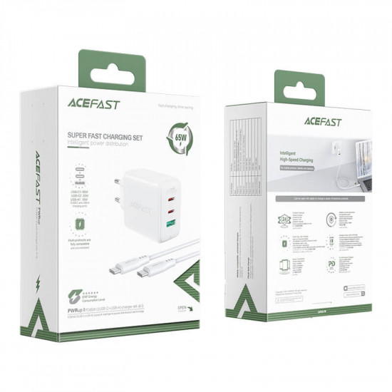 Acefast A13 65W Οικιακός Φορτιστής Γρήγορης Φόρτισης με 2 Θύρες Type-C και 1 Θύρα USB με Καλώδιο Type-C to Type-C - White