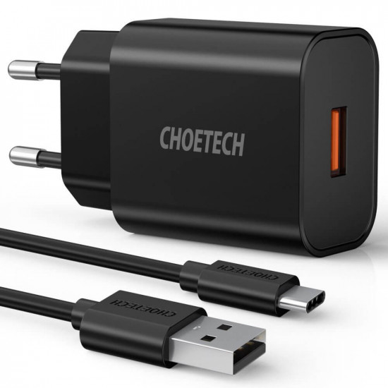 Choetech Οικιακός Φορτιστής Γρήγορης Φόρτισης 18W 3A με 1 Θύρα USB και Καλώδιο USB to Type-C - Black - Q5003