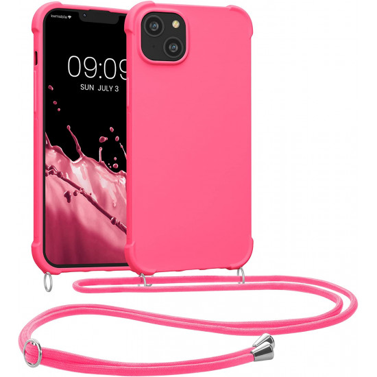 KW iPhone 14 Plus Θήκη Σιλικόνης TPU με Λουράκι - Neon Pink - 59117.77