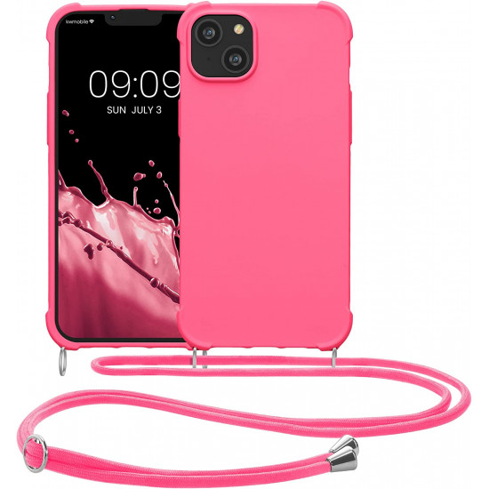 KW iPhone 14 Plus Θήκη Σιλικόνης TPU με Λουράκι - Neon Pink - 59117.77