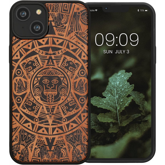 KW iPhone 14 Plus Θήκη από Φυσικό Ξύλο Design Mayan Calendar - Brown / Black - 59125.02