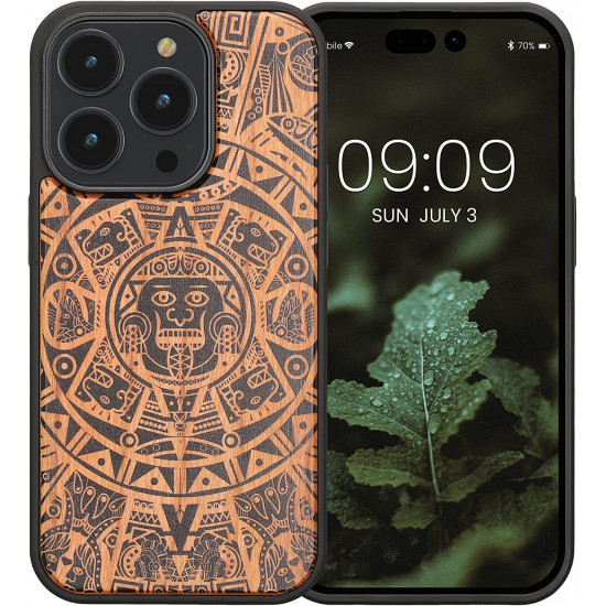 KW iPhone 14 Pro Θήκη από Φυσικό Ξύλο Design Mayan Calendar - Brown / Black - 59126.02