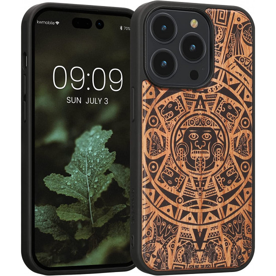 KW iPhone 14 Pro Θήκη από Φυσικό Ξύλο Design Mayan Calendar - Brown / Black - 59126.02