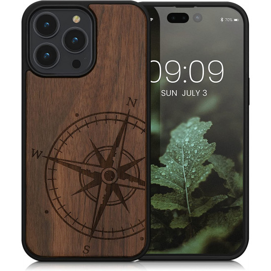 KW iPhone 14 Pro Max Θήκη από Φυσικό Ξύλο Design Navigational Compass - Dark Brown - 59127.01