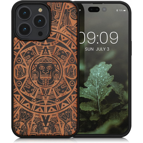 KW iPhone 14 Pro Max Θήκη από Φυσικό Ξύλο Design Mayan Calendar - Brown / Black - 59127.02