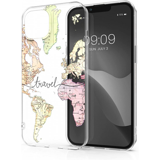 KW iPhone 14 Plus Σκληρή Θήκη με Πλαίσιο Σιλικόνης - Design Travel - Διάφανη - Black / Multicolor - 59137.01