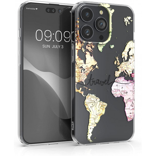 KW iPhone 14 Pro Max Σκληρή Θήκη με Πλαίσιο Σιλικόνης - Design Travel - Διάφανη - Black / Multicolor - 59139.01