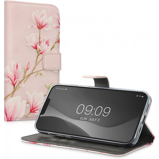 KW iPhone 14 Plus Θήκη Πορτοφόλι Stand - Design Magnolias - Pink / White / Dusty Pink - 59209.02