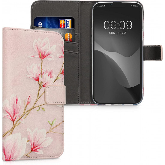 KW iPhone 14 Plus Θήκη Πορτοφόλι Stand - Design Magnolias - Pink / White / Dusty Pink - 59209.02