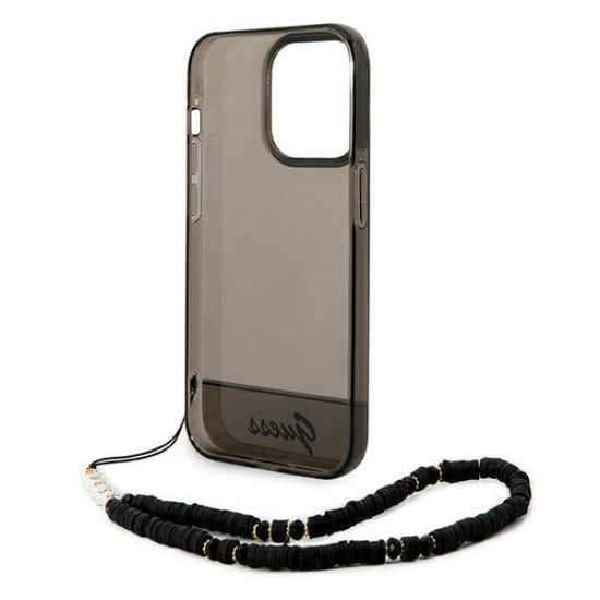 Guess iPhone 14 Pro Pearl Strap Σκληρή Θήκη με Πλαίσιο Σιλικόνης και Λουράκι - Black / Pearl / Semi Clear - GUHCP14LHGCOHK
