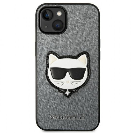 Karl Lagerfeld iPhone 14 Plus - Saffiano Choupette Head Patch Σκληρή Θήκη με Επένδυση Συνθετικού Δέρματος και Πλαίσιο Σιλικόνης - Grey - KLHCP14MSAPCHG