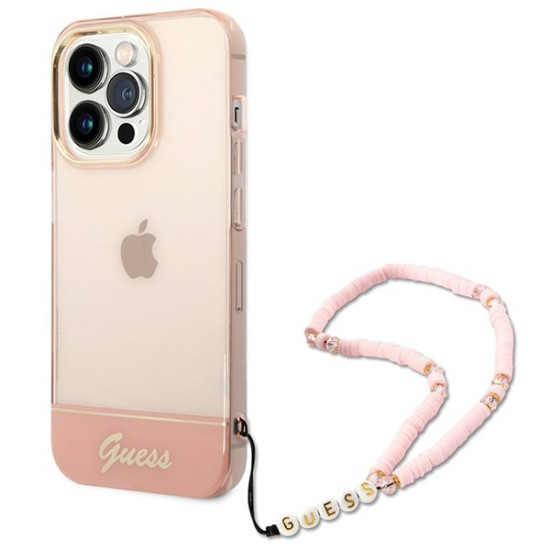 Guess iPhone 14 Pro Pearl Strap Σκληρή Θήκη με Πλαίσιο Σιλικόνης και Λουράκι - Pink / Pearl / Semi Clear - GUHCP14LHGCOHP
