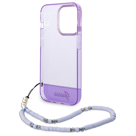 Guess iPhone 14 Pro Pearl Strap Σκληρή Θήκη με Πλαίσιο Σιλικόνης και Λουράκι - Purple / Pearl / Semi Clear - GUHCP14LHGCOHU
