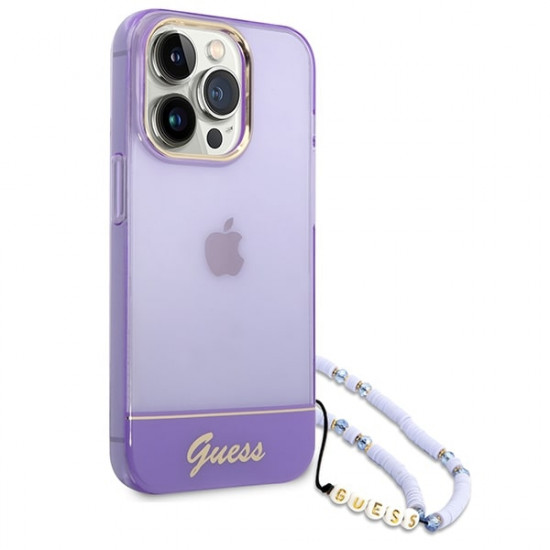 Guess iPhone 14 Pro Pearl Strap Σκληρή Θήκη με Πλαίσιο Σιλικόνης και Λουράκι - Purple / Pearl / Semi Clear - GUHCP14LHGCOHU