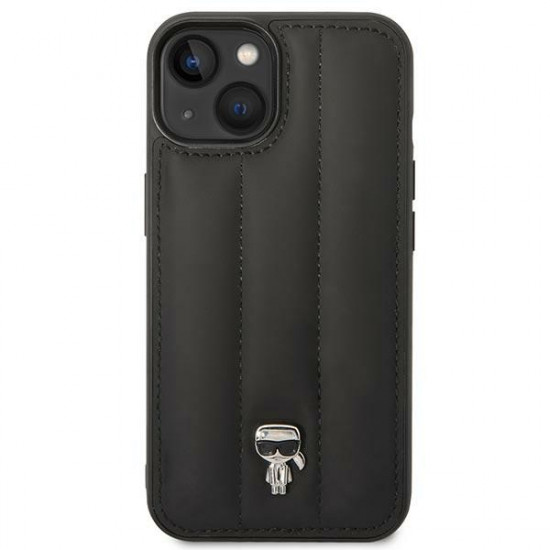 Karl Lagerfeld iPhone 14 - Puffy Ikonik Pin Σκληρή Θήκη με Επένδυση Συνθετικού Δέρματος και Πλαίσιο Σιλικόνης - Black - KLHCP14SPSQPK