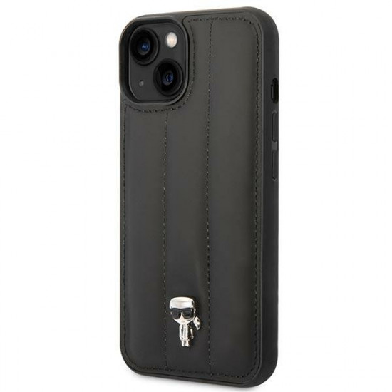 Karl Lagerfeld iPhone 14 - Puffy Ikonik Pin Σκληρή Θήκη με Επένδυση Συνθετικού Δέρματος και Πλαίσιο Σιλικόνης - Black - KLHCP14SPSQPK