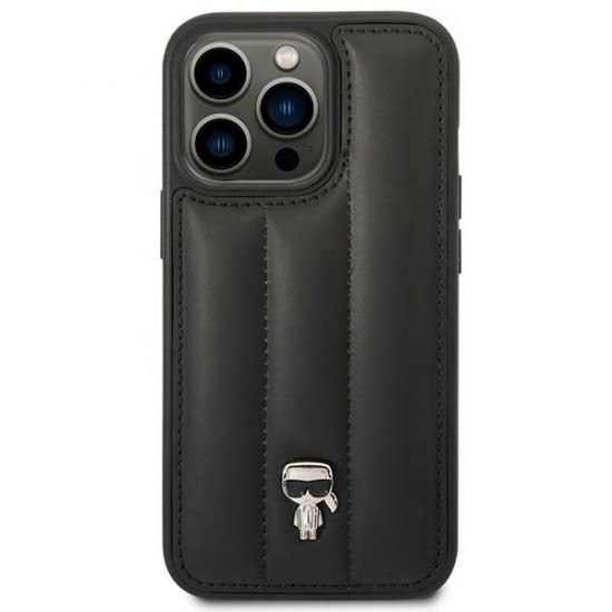 Karl Lagerfeld iPhone 14 Pro - Puffy Ikonik Pin Σκληρή Θήκη με Επένδυση Συνθετικού Δέρματος και Πλαίσιο Σιλικόνης - Black - KLHCP14LPSQPK
