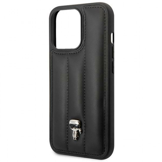 Karl Lagerfeld iPhone 14 Pro - Puffy Ikonik Pin Σκληρή Θήκη με Επένδυση Συνθετικού Δέρματος και Πλαίσιο Σιλικόνης - Black - KLHCP14LPSQPK