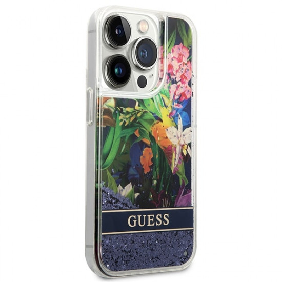 Guess iPhone 14 Pro Flower Liquid Glitter Σκληρή Θήκη - Blue - GUHCP14LLFLSB