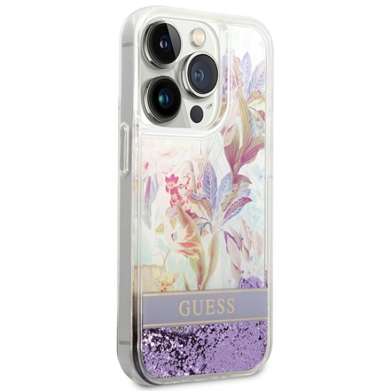 Guess iPhone 14 Pro Flower Liquid Glitter Σκληρή Θήκη - Purple - GUHCP14LLFLSU