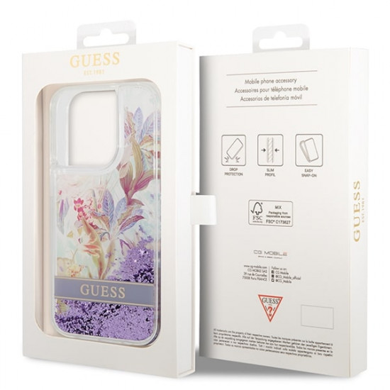 Guess iPhone 14 Pro Flower Liquid Glitter Σκληρή Θήκη - Purple - GUHCP14LLFLSU