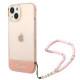 Guess iPhone 14 Plus Pearl Strap Σκληρή Θήκη με Πλαίσιο Σιλικόνης και Λουράκι - Pink / Pearl / Semi Clear - GUHCP14MHGCOHP