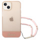 Guess iPhone 14 Plus Pearl Strap Σκληρή Θήκη με Πλαίσιο Σιλικόνης και Λουράκι - Pink / Pearl / Semi Clear - GUHCP14MHGCOHP