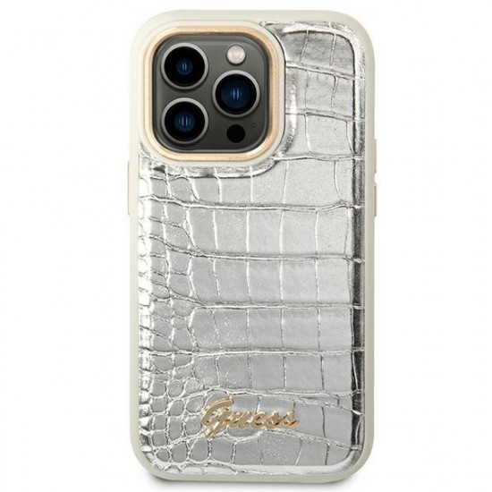 Guess iPhone 14 Pro Croco Collection Θήκη με Επένδυση Συνθετικού Δέρματος - Silver - GUHCP14LHGCRHS