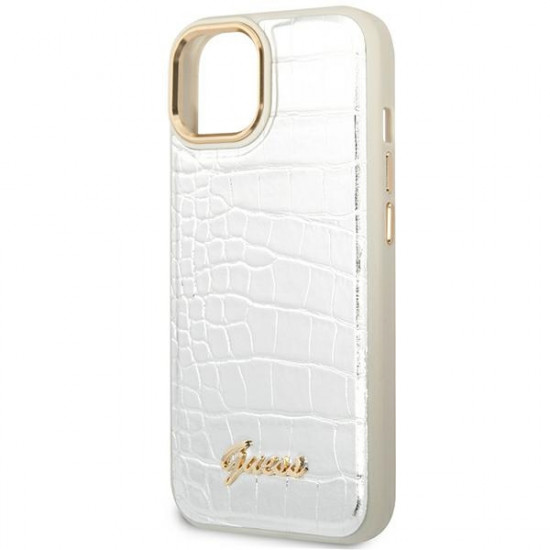 Guess iPhone 14 Plus Croco Collection Θήκη με Επένδυση Συνθετικού Δέρματος - Silver - GUHCP14MHGCRHS
