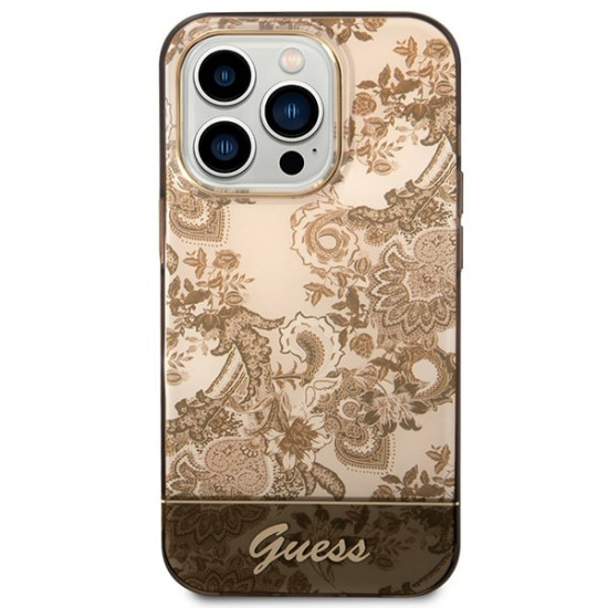 Guess iPhone 14 Pro Max Porcelain Collection Σκληρή Θήκη με Πλαίσιο Σιλικόνης - Ochre - GUHCP14XHGPLHC