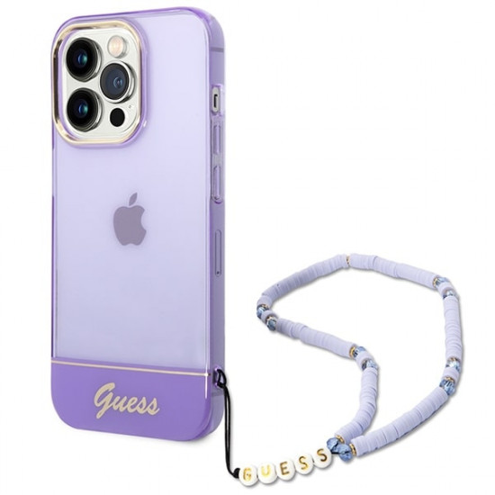 Guess iPhone 14 Pro Max Translucent Pearl Strap Σκληρή Θήκη με Πλαίσιο Σιλικόνης και Λουράκι - Purple / Ημιδιάφανη - GUHCP14XHGCOHU