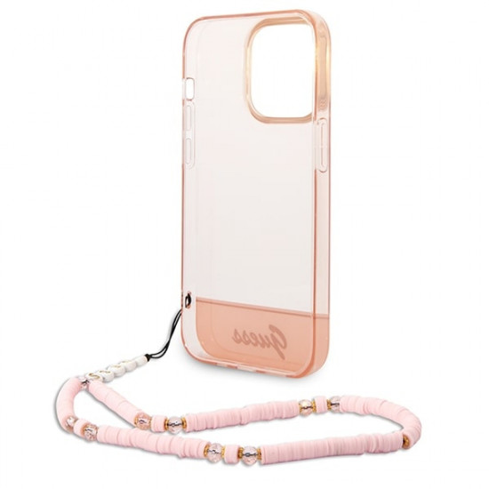 Guess iPhone 14 Pro Max Translucent Pearl Strap Σκληρή Θήκη με Πλαίσιο Σιλικόνης και Λουράκι - Pink / Ημιδιάφανη - GUHCP14XHGCOHP