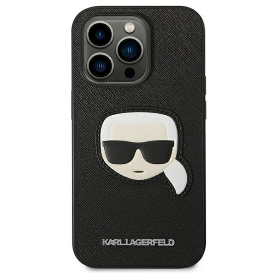 Karl Lagerfeld iPhone 14 Pro Max - Saffiano Karl's Head Patch Σκληρή Θήκη με Επένδυση Συνθετικού Δέρματος και Πλαίσιο Σιλικόνης - Black - KLHCP14XSAPKHK