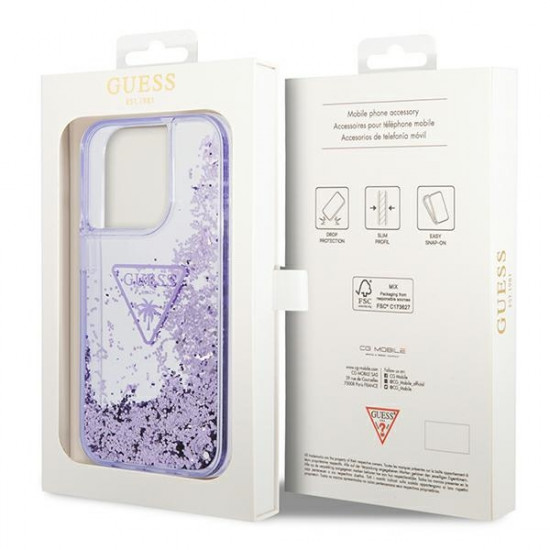 Guess iPhone 14 Pro Palm Liquid Glitter Σκληρή Θήκη με Πλαίσιο Σιλικόνης - Purple - GUHCP14LLFCTPU