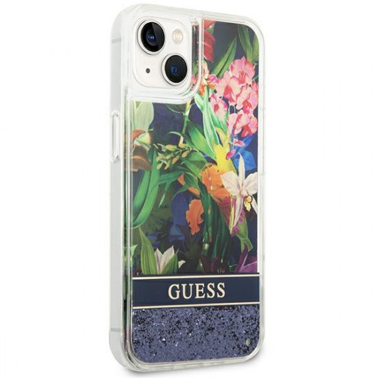Guess iPhone 14 Plus Flower Liquid Glitter Σκληρή Θήκη - Blue - GUHCP14MLFLSB