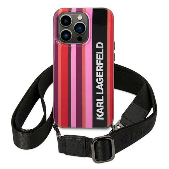 Karl Lagerfeld iPhone 14 Pro Color Stripes Strap Σκληρή Θήκη με Πλαίσιο Σιλικόνης και Λουράκι - Pink - KLHCP14LSTSTP