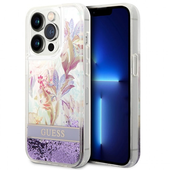 Guess iPhone 14 Pro Max Flower Liquid Glitter Σκληρή Θήκη - Purple - GUHCP14XLFLSU