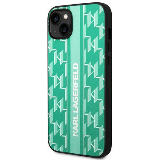 Karl Lagerfeld iPhone 14 Plus - Monogram Stripe Σκληρή Θήκη με Επένδυση Συνθετικού Δέρματος και Πλαίσιο Σιλικόνης - Green - KLHCP14MPGKLSKN