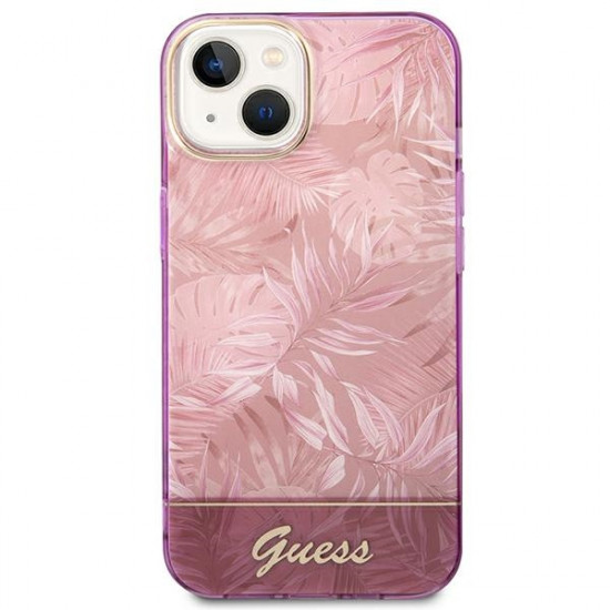 Guess iPhone 14 Plus Jungle Collection Σκληρή Θήκη με Πλαίσιο Σιλικόνης - Pink - GUHCP14MHGJGHP