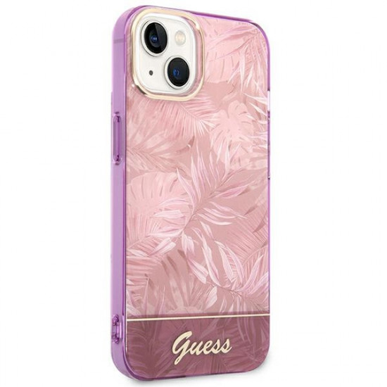 Guess iPhone 14 Plus Jungle Collection Σκληρή Θήκη με Πλαίσιο Σιλικόνης - Pink - GUHCP14MHGJGHP