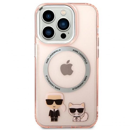 Karl Lagerfeld iPhone 14 Pro Max - Karl and Choupette Aluminium Magsafe Σκληρή Θήκη με Πλαίσιο Σιλικόνης και MagSafe - Pink - KLHMP14XHKCP