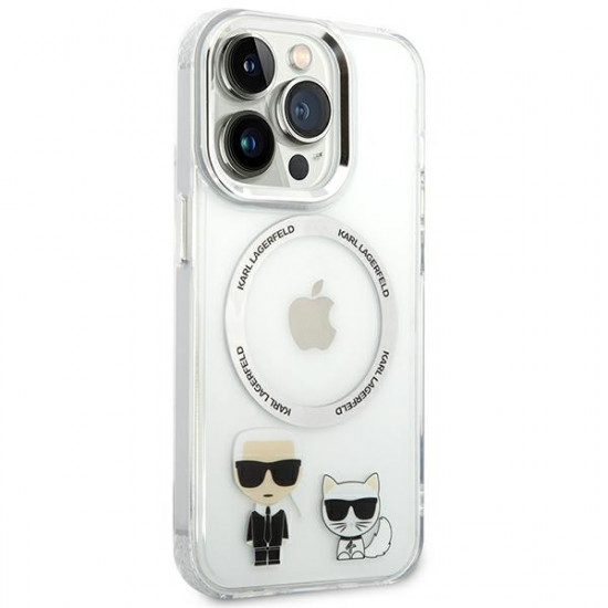 Karl Lagerfeld iPhone 14 Pro - Karl and Choupette Aluminium Magsafe Σκληρή Θήκη με Πλαίσιο Σιλικόνης και MagSafe - Διάφανη - KLHMP14LHKCT