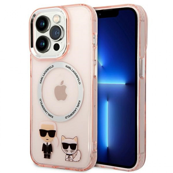 Karl Lagerfeld iPhone 14 Pro - Karl and Choupette Aluminium Magsafe Σκληρή Θήκη με Πλαίσιο Σιλικόνης και MagSafe - Pink - KLHMP14LHKCP